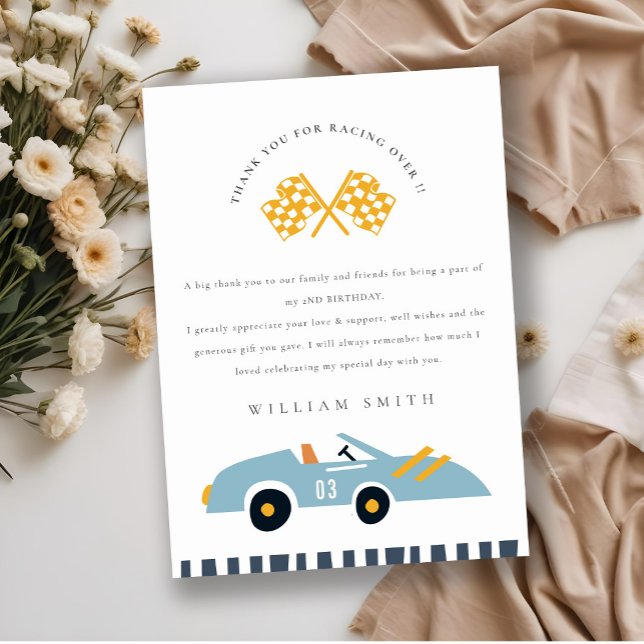 Söt elegant blå tävlingsbil barn födelsedag i alla tack kort (Skapare uppladdad)
