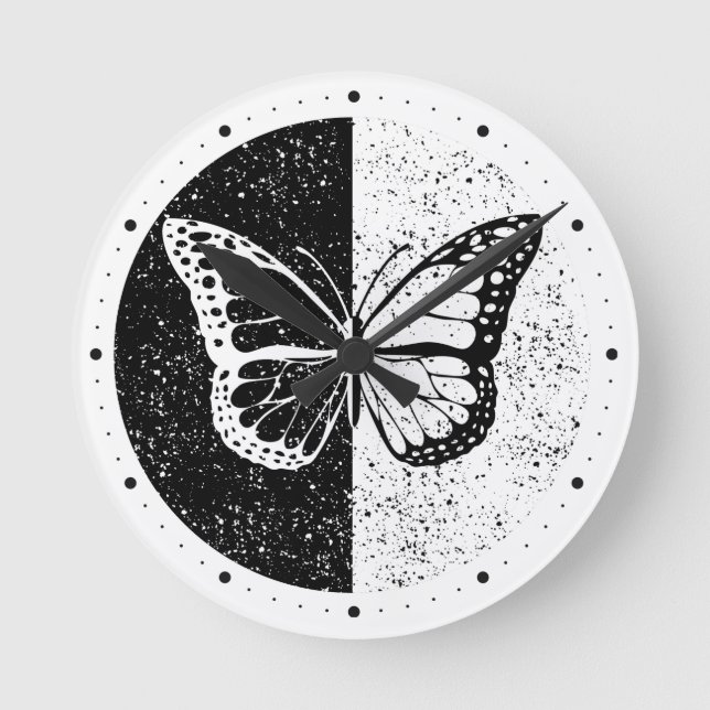 Söt Elegant Butterfly Black & White Day Natt Rund Klocka (Framsida)