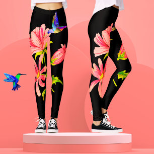 Söt Elegant Flickaktig Svart Rosa Blommig Kolibri Leggings