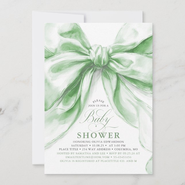 Söt elegant grön rosett baby shower inbjudningar (Framsida)