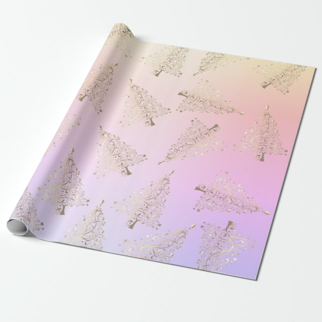 Söt elegant holograf Julgran mönster Presentpapper (Utrullad)