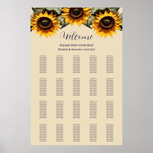 Söt elegant Solblommor, sittdiagram bröllop Poster (Framsidan)