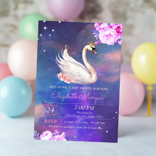 Söt elegant svan blomster vattenfärg Baby Shower Inbjudningar