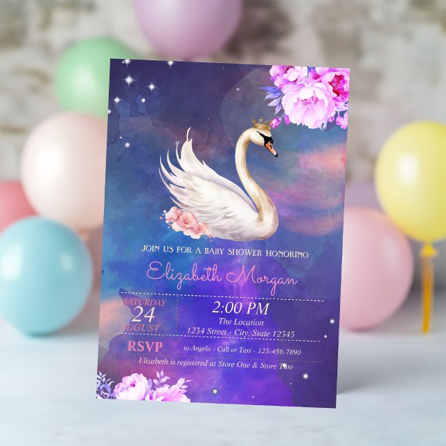 Söt elegant svan blomster vattenfärg  Baby Shower Inbjudningar (Skapare uppladdad)