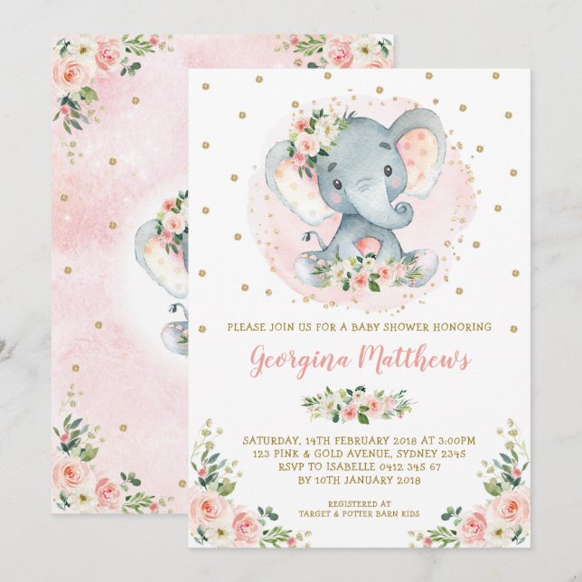 Söt Elephant Baby Shower  Guld Blommigt Ro Inbjudningar (Fram/baksida)