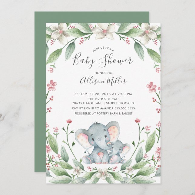 Söt Elephant Baby Shower-inbjudan Inbjudningar (Fram/baksida)