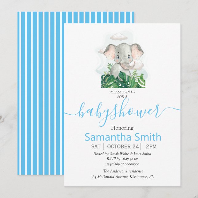 Söt Elephant Baby Shower-inbjudan Meddelande (Fram/baksida)