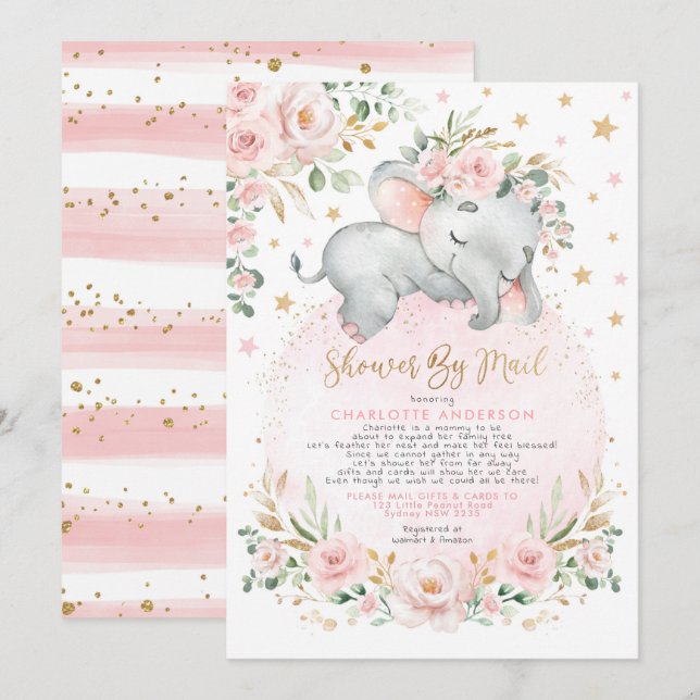 Söt Elephant  Guld Baby Shower by Mail Inbjudningar (Fram/baksida)
