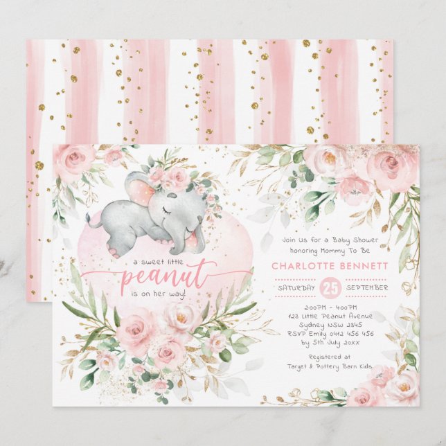 Söt Elephant  Rosa Guld Blommigt Baby Shower Inbjudningar (Fram/baksida)