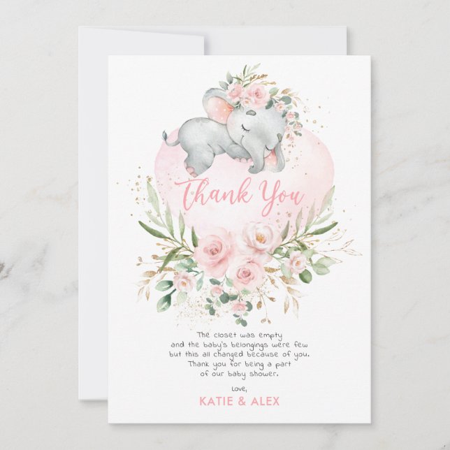 Söt Elephant Rosa  Guld Blommigt Baby Shower Tack Kort (Framsida)