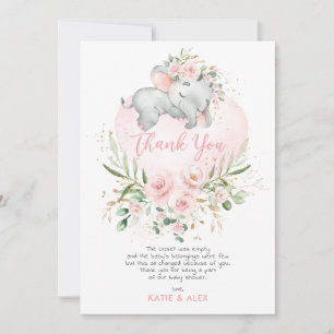 Söt Elephant Rosa Guld Blommigt Baby Shower Tack Kort