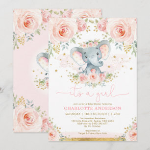 Söt Elephant  Rosa ros Flicka Shower Inbjudningar