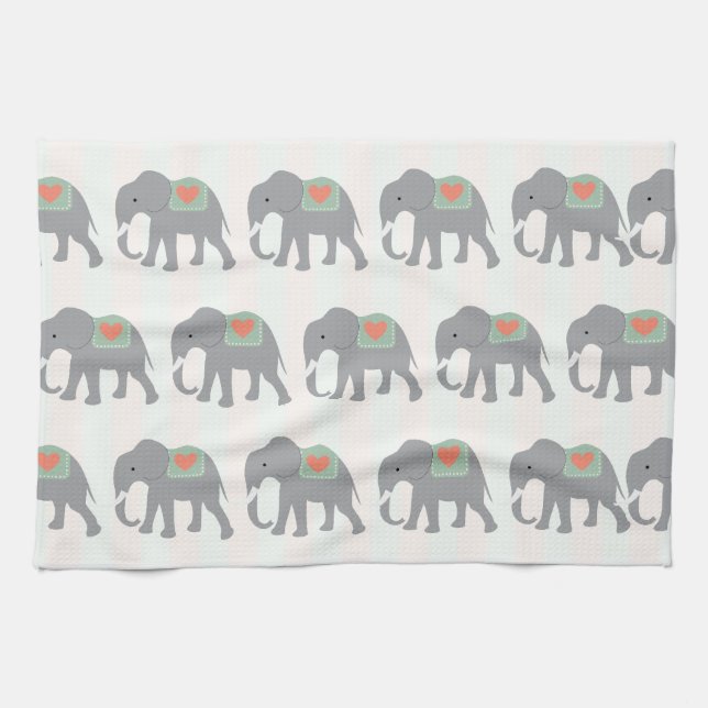 Söt Elephants Coral Peach Mint Grönt Stripe Kökshandduk (Horisontell)