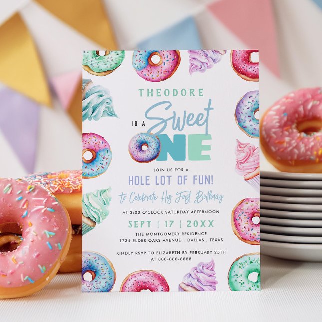 Söt en Cute Doughnut Boy 1:a födelsedagen Party Inbjudningar (Skapare uppladdad)