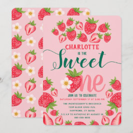 Söt en Cute Rosa Strawberry 1:a födelsedagen Party Inbjudningar
