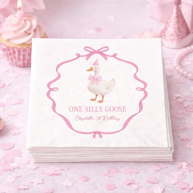 Söt En Dum Gal Pink Båge Första Födelsedagen Pappersservett (Cute One Silly Goose Pink Bow First Birthday Napkins)