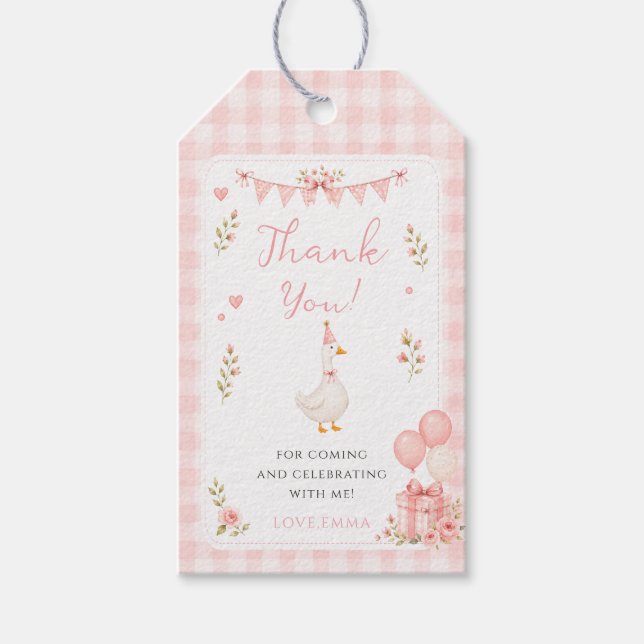 Söt En Dum Gås Rosa Båge Flicka 1-årsdag Presentetikett (Framsidan)