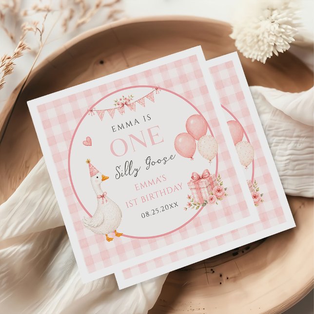 Söt En Dum Goose Rosa Rosett Flicka 1-årsdag Pappersservett (Skapare uppladdad)