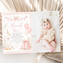 Söt En Dumma Gås Rosa Slinga 1-års Födelsedagsfoto Tack Kort