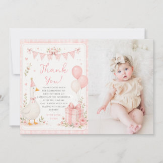 Söt En Dumma Gås Rosa Slinga 1-års Födelsedagsfoto Tack Kort