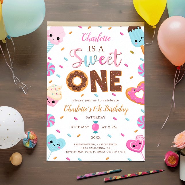 Söt en födelsedag Donut Candy 1:a födelsedagen Inbjudningar (Sweet One Birthday Donut Candy 1St Birthday Invitation)