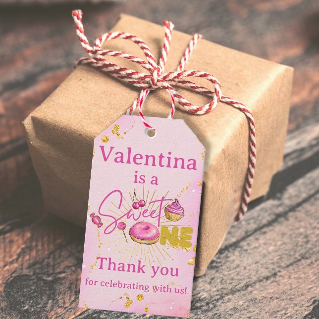 Söt en första födelsedag Rosa Guld Donut Tack Presentetikett (Skapare uppladdad)