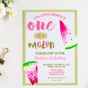 Söt En i en Melon 1-årsdag Rosa Grön Inbjudningar