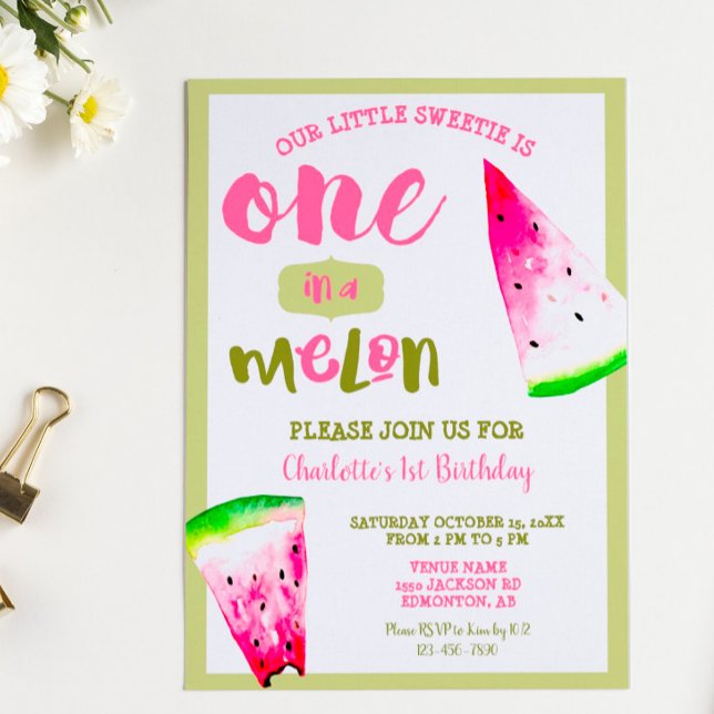 Söt En i en Melon 1-årsdag Rosa Grön Inbjudningar (Skapare uppladdad)