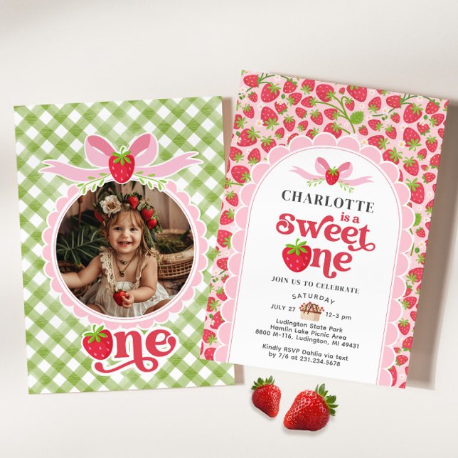 Söt en jordgubbsinbjudan 1:a födelsedag inbjudningar (Sweet One Strawberry 1st Birthday Invitation)