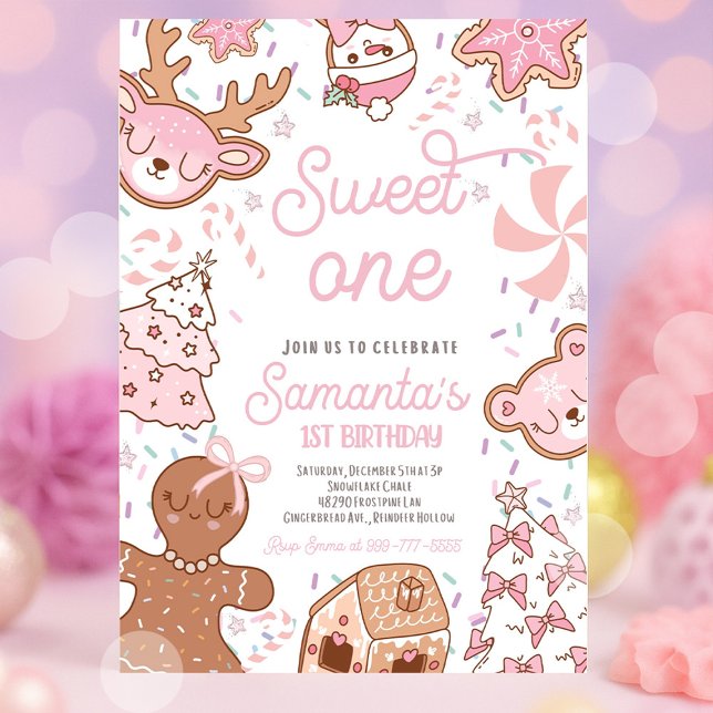 Söt en julkaka 1:a födelsedagen Party Inbjudningar (Sweet One Christmas first birthday invitation with holiday cookies, gingerbread, and festive red and)