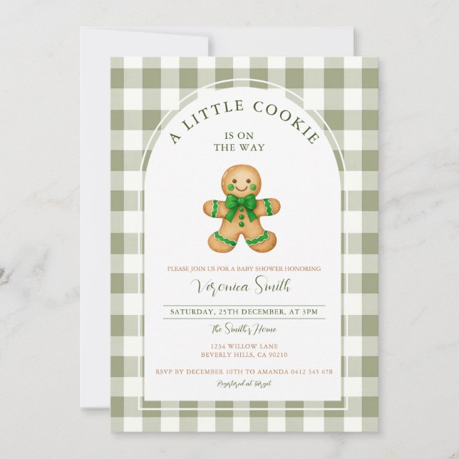 Söt En liten Cookie baby shower grön gingham  Inbjudningar (Framsida)