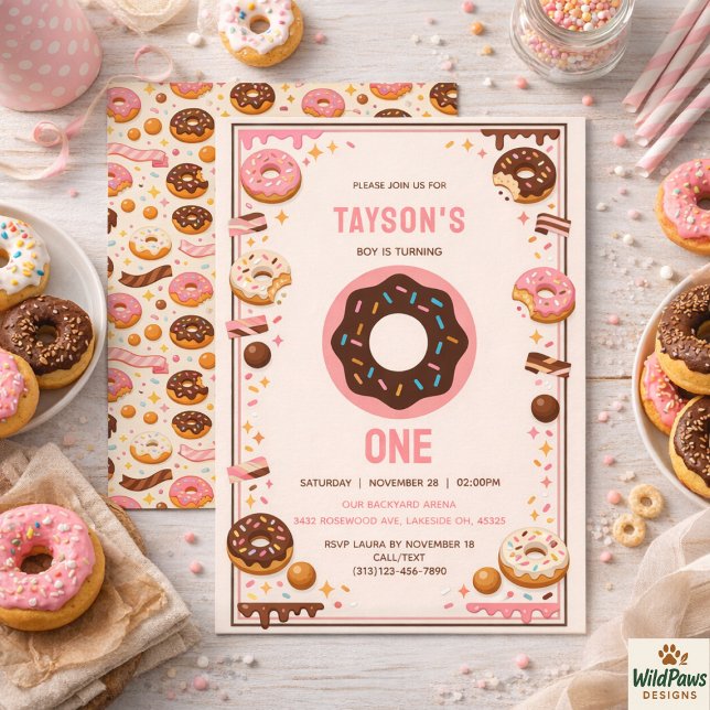 Söt En Munk 1-års Födelsedagsfest | Söt Munk  Inbjudningar (Sweet One Donut 1st Birthday Party | Cute Donut Invitation
)