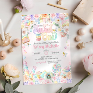 Söt en Pastel Candy Shoppe första födelsedag Inbjudningar
