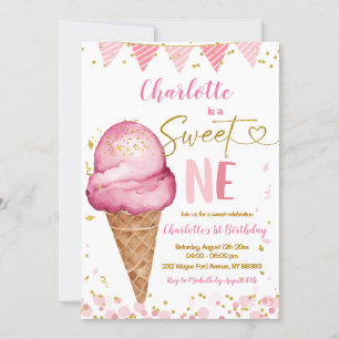Söt en Pastel Rosa Ice Cream 1:a födelsedagen Inbjudningar