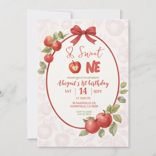 Söt En Röd Äpple Första Födelsedagsinbjudan Vatten Inbjudningar (Framsida)