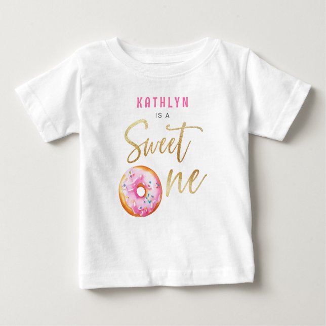 Söt en Rosa Guld Donut Girl Första födelsedagen T Shirt (Framsida)