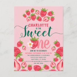 Söt En Rosa Jordgubbe Söt 1-års Födelsedagsfest  Vykort