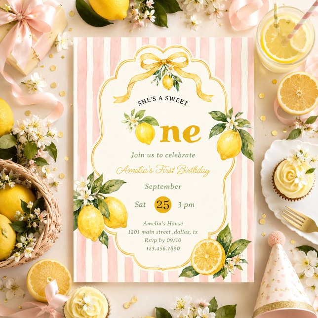 Söt En Rosa Lemonad 1-årsdag  Inbjudningar (Skapare uppladdad)