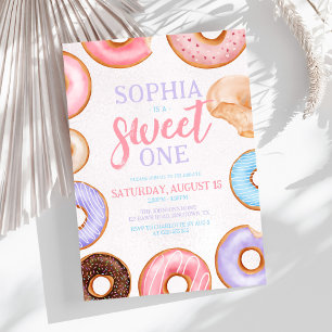 Söt En Rosa vattenfärgsDonuts 1:a födelsedag Inbjudningar