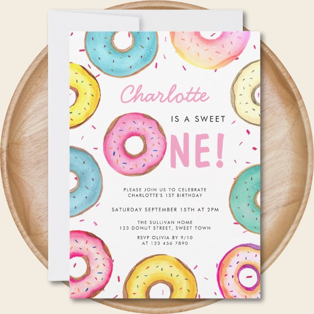Söt en vattenfärgad cute Donuts 1:a födelsedagen Inbjudningar (Skapare uppladdad)