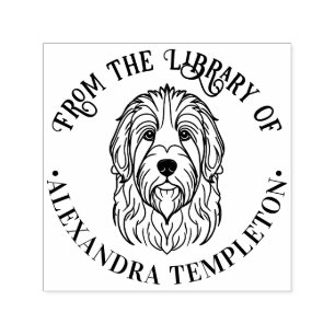Söt engelsk fårhund huvud bibliotek boknamn självfärgande stämpel