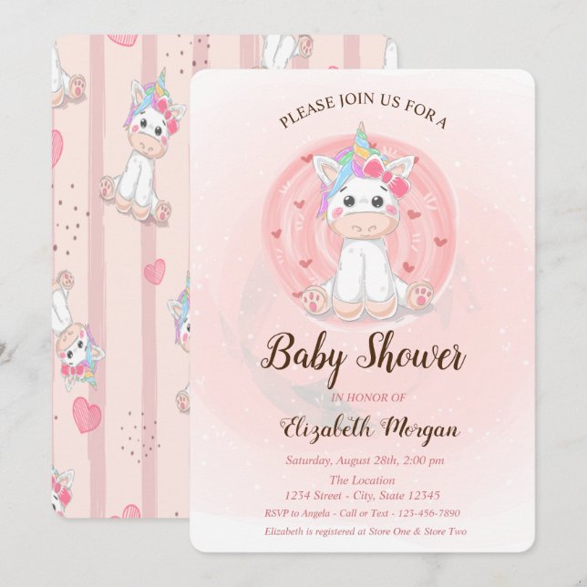 Söt Enhörning Baby Shower Inbjudan (Fram/baksida)