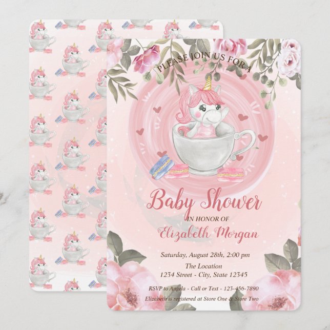 Söt Enhörning, Blommig Baby Shower Inbjudan (Fram/baksida)