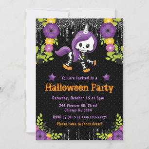 Söt Enhörning Blommig Halloweenfest Inbjudningar