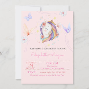 Söt Enhörning Blommiga Fjärilar Baby Shower Inbjudningar
