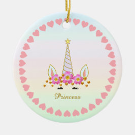 Söt Enhörning, Blommor, Hjärtan & Guldkonfetti Julgransprydnad Keramik