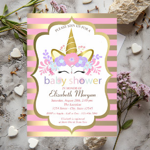 Söt Enhörning, Blommor, Randiga Baby Shower Inbjud Inbjudningar