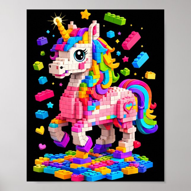 Söt Enhörning Bygglekstenar Block Leksak Barn Poster (Framsidan)