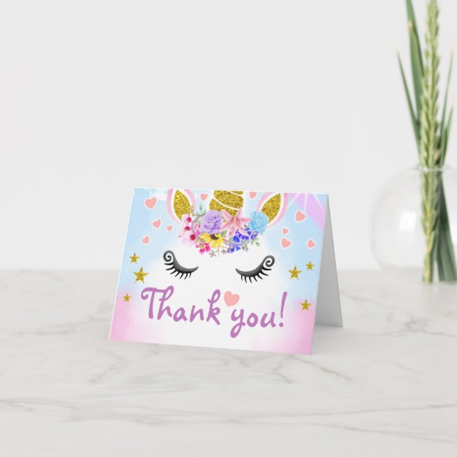 Söt enhörning i guldglitter med blommor tack kort (Framsida)