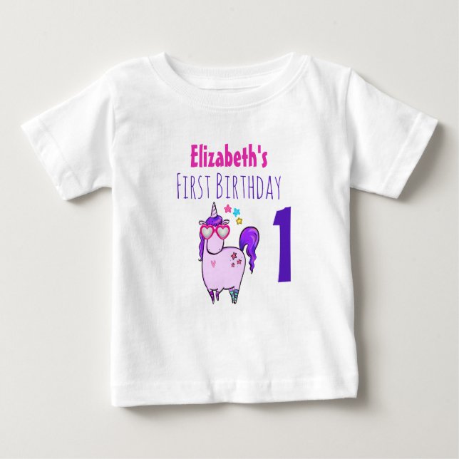 Söt enhörning i hjärtformade glasögon 1-årsdag t shirt (Framsida)